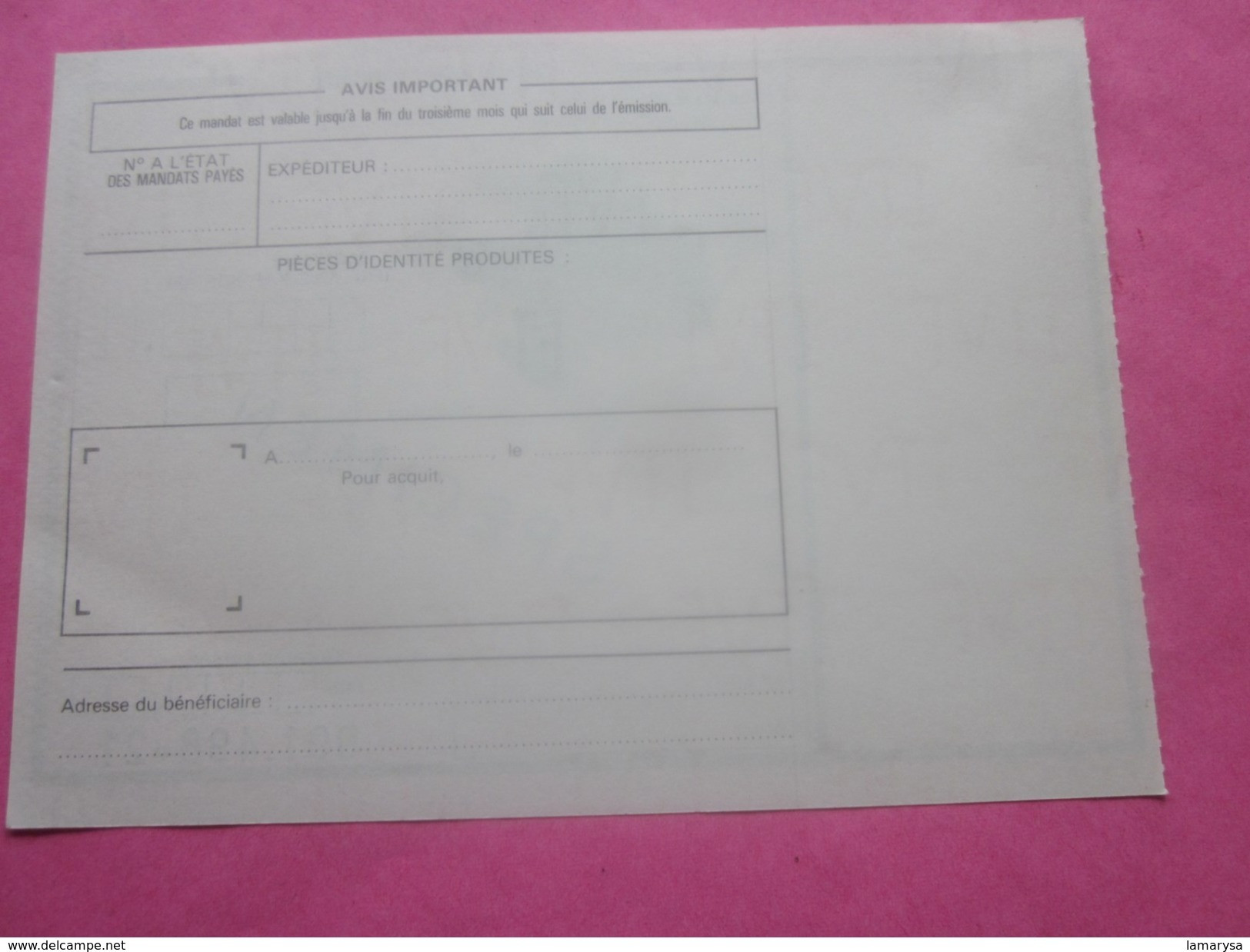 Spécimen Mandat (fictif) Filigrane Du Centre Régional De Formation à Marseille Europe France Document De La Poste - Especimenes