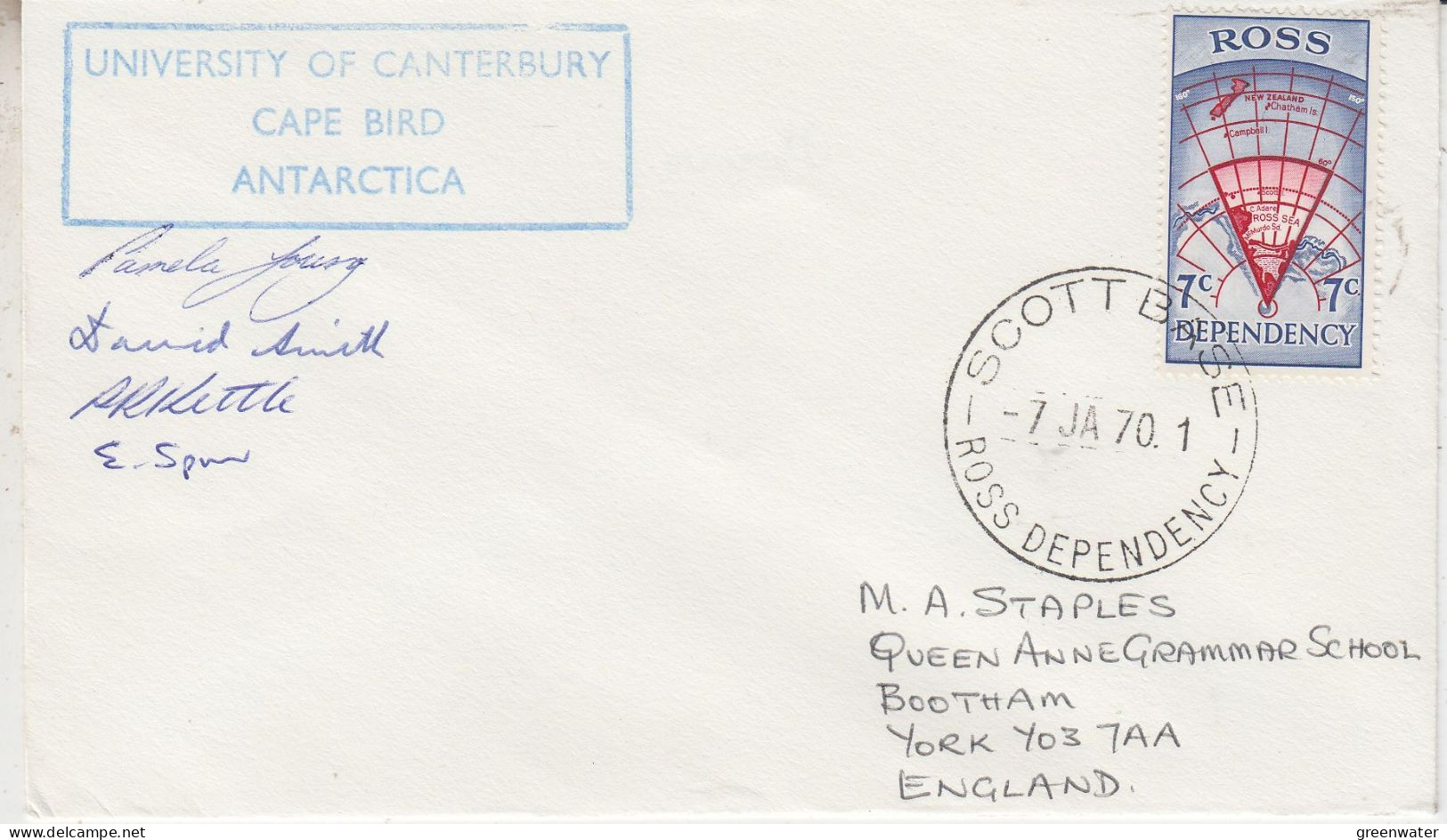 Ross Dependency 1970  University Of Canterbury Cape Bird 4 Signatures Ca Scott Base 7 JA 1970 (SO227) - Cartas & Documentos