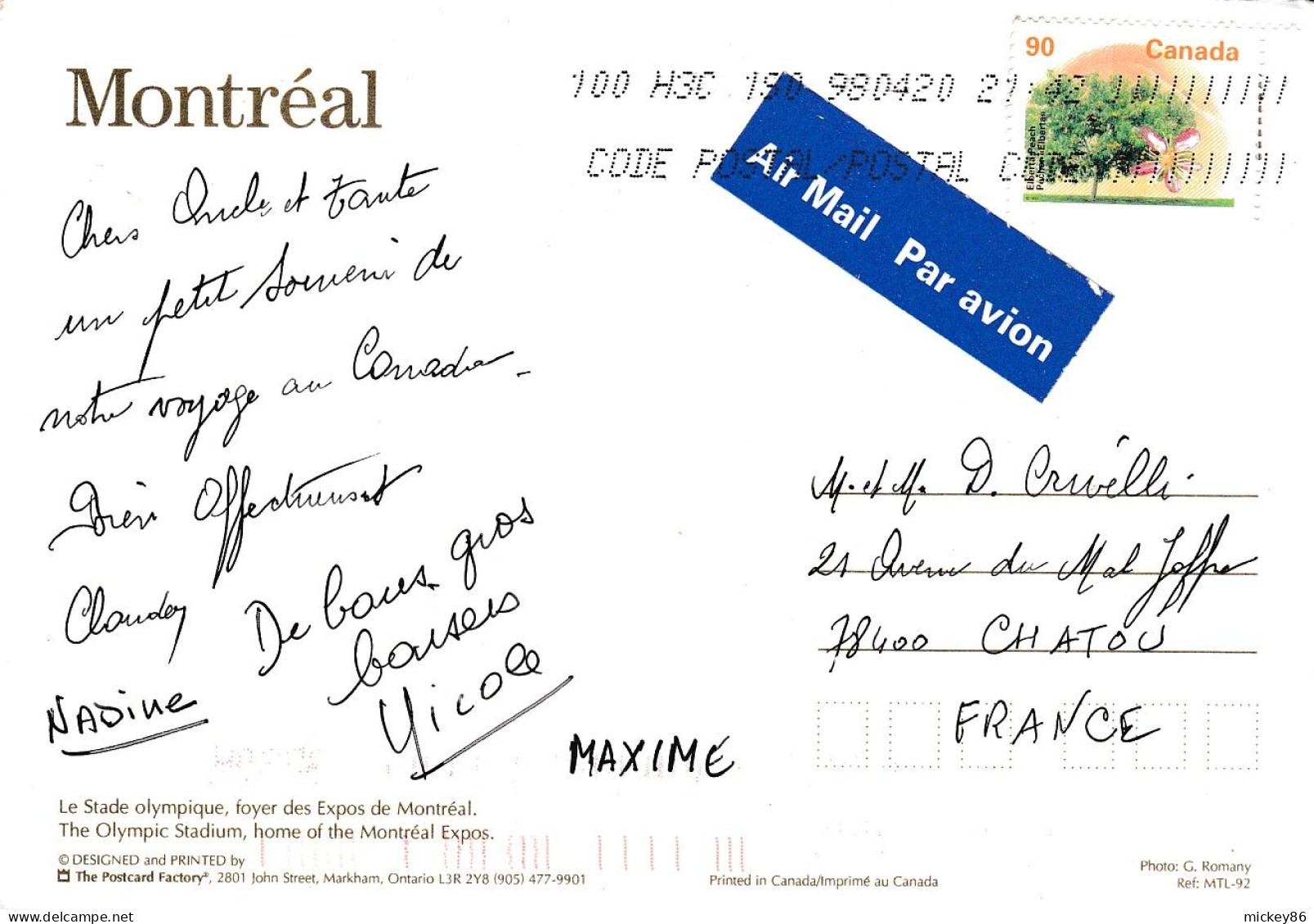Canada-- MONTREAL --1998 --Le Stade Olympique ,foyer Des Expos De Montréal ...timbre...cachet - Stadien