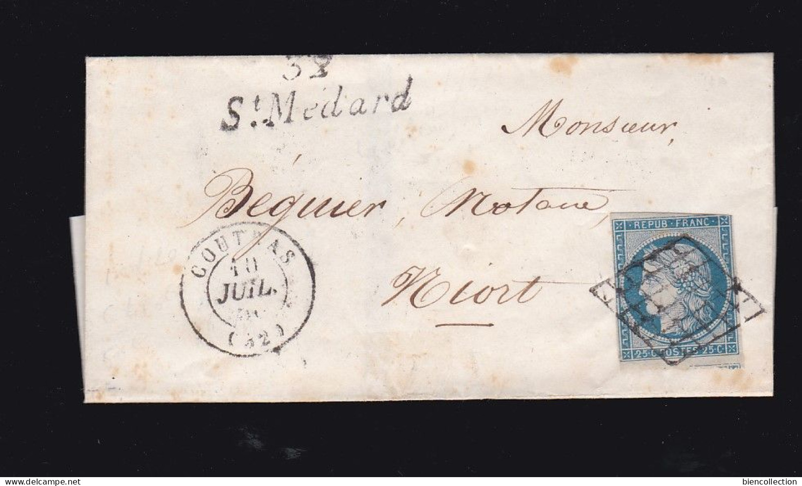 France Céres No 4 20cts Bleu Oblitération Coutras (Gironde) Avec Cursive De Saint Médard  Pour Niort (Deux Sèvres) - 1849-1850 Cérès