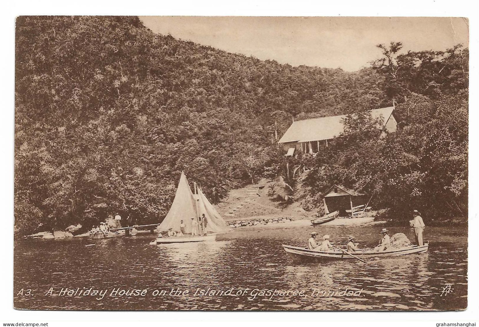 Postcard Trinidad Gasparee Island A Holiday Home Boats People Posted 1926 - Trinidad