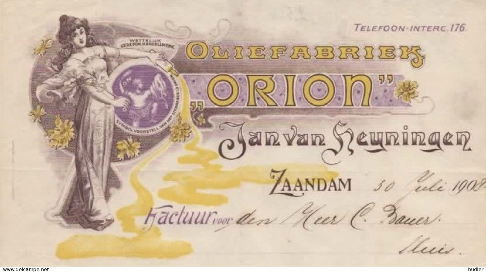 ART NOUVEAU/JUGENDSTIL: NEDERLAND :1908: Factuur Van/Facture De  ## « Oliefabriek ORION », Jan Van Heyningen, ZAANDAM ## - Levensmiddelen