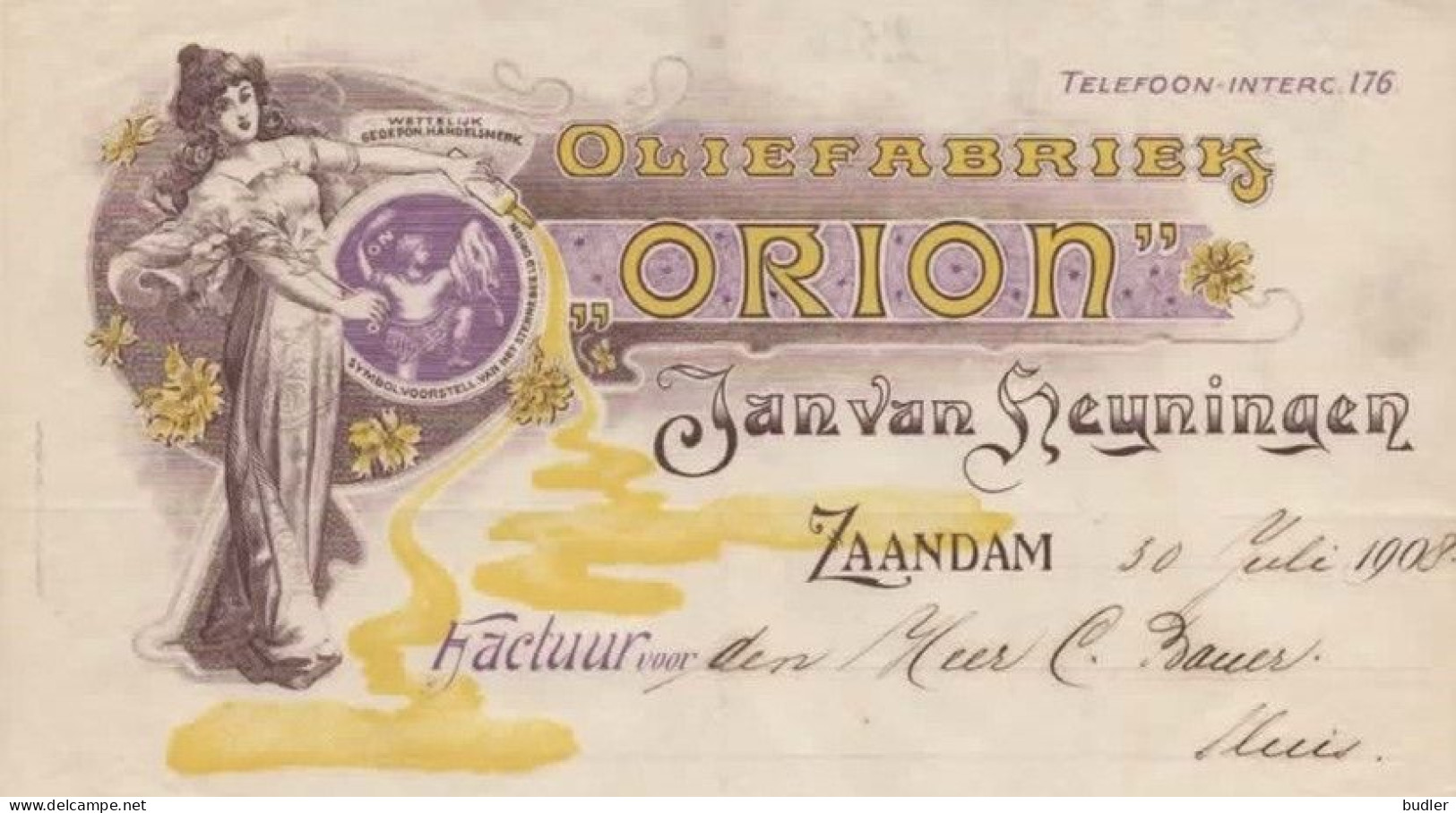 ART NOUVEAU/JUGENDSTIL: NEDERLAND :1908: Factuur Van/Facture De  ## « Oliefabriek ORION », Jan Van Heyningen, ZAANDAM ## - Alimentos