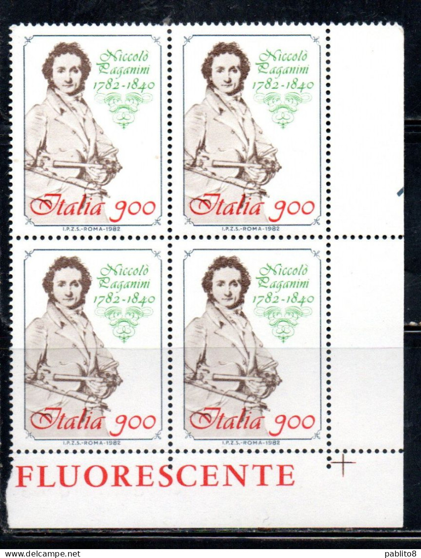 ITALIA REPUBBLICA ITALY REPUBLIC 1982 PAGANINI II 2° CENTENARIO NASCITA QUARTINA ANGOLO DI FOGLIO BLOCK MNH - 1981-90: Ungebraucht