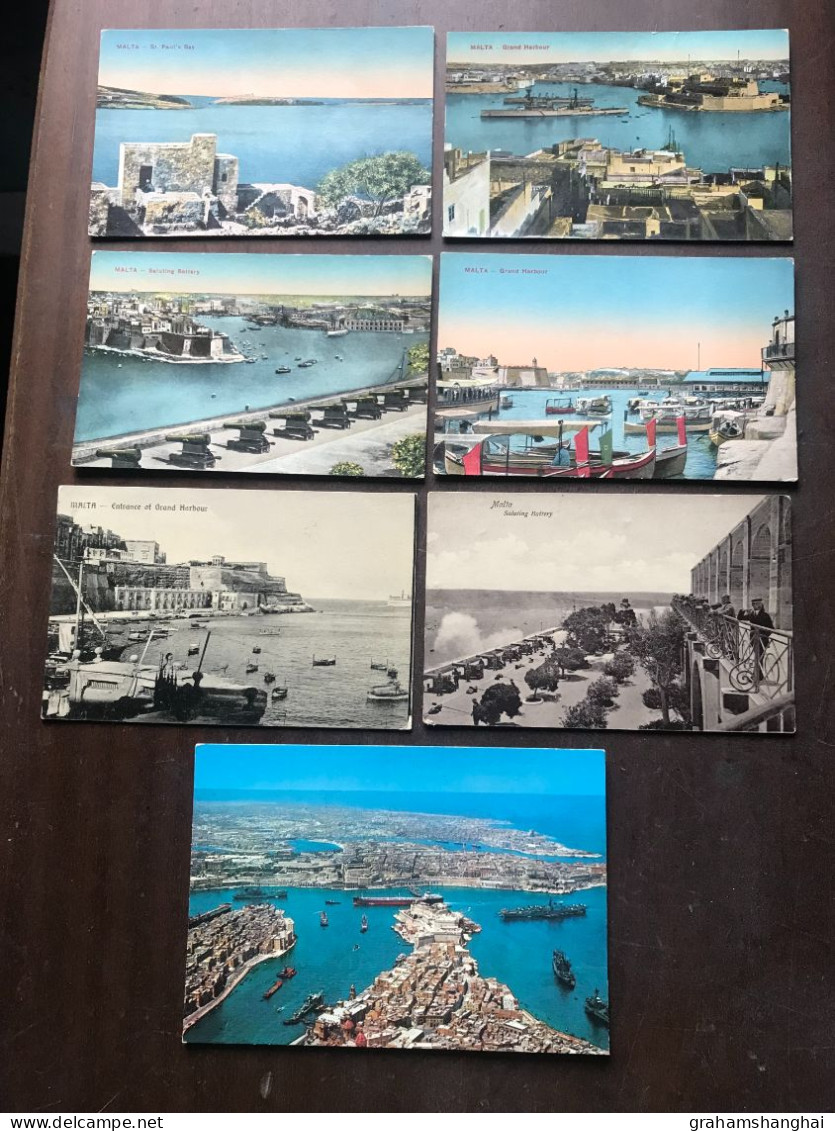 7 Postcards Lot Malta Grand Harbour Royal Navy Warships St Pauls Bay Saluting Battery Unposted - Malta