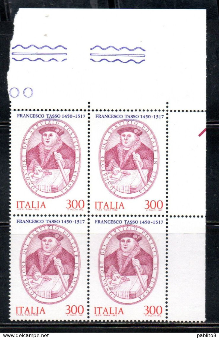 ITALIA REPUBBLICA ITALY REPUBLIC 1982 SERVIZIO POSTALE IN EUROPA FAMIGLIA TASSO QUARTINA ANGOLO DI FOGLIO BLOCK MNH - 1981-90: Nieuw/plakker