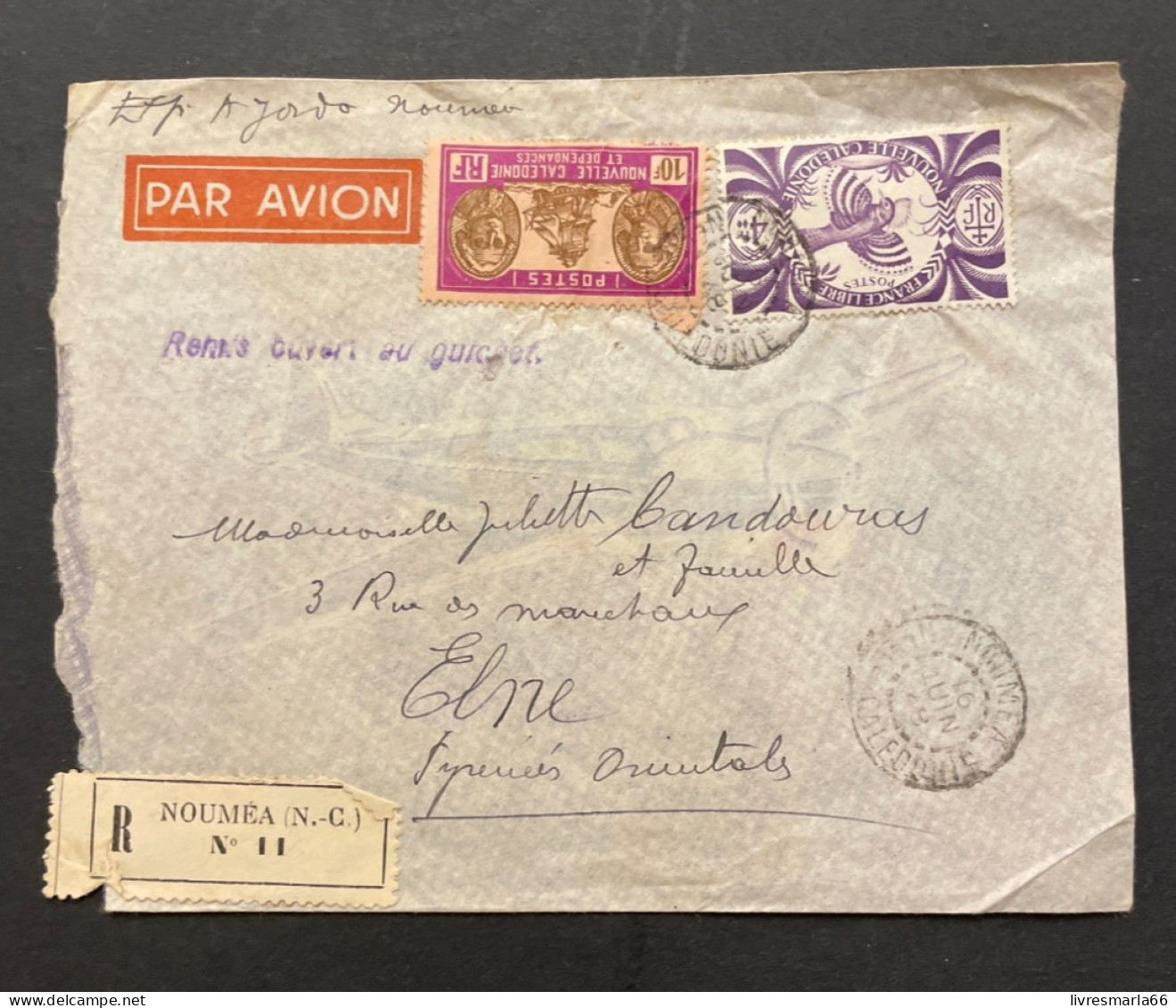 NOUVELLE CALÉDONIE Lettre Recommandé Nouméa 1946 Pour La France - Brieven En Documenten