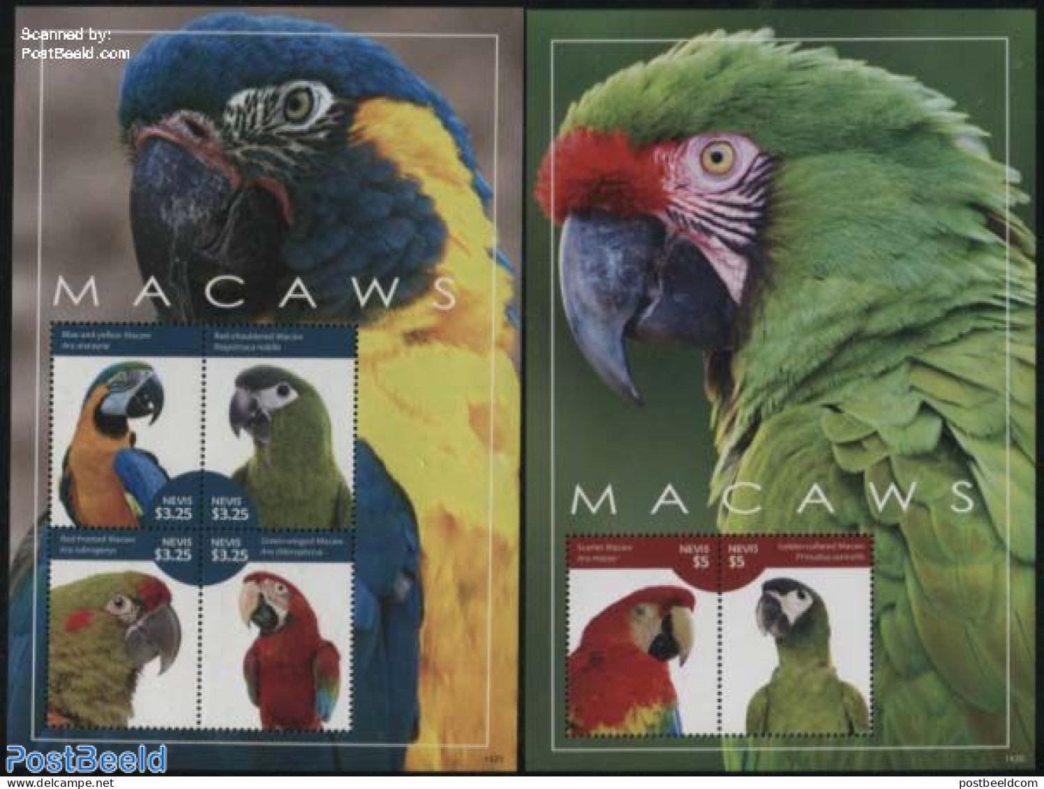Nevis 2014 Macaws 2 S/s, Mint NH, Nature - Birds - Parrots - St.Kitts Und Nevis ( 1983-...)