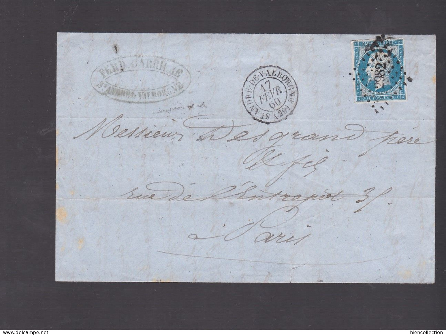 France No 14 Louis Napoléon Ob PC 2982 Saint André De Valborgne (Gard) Pour Paris - 1853-1860 Napoleon III