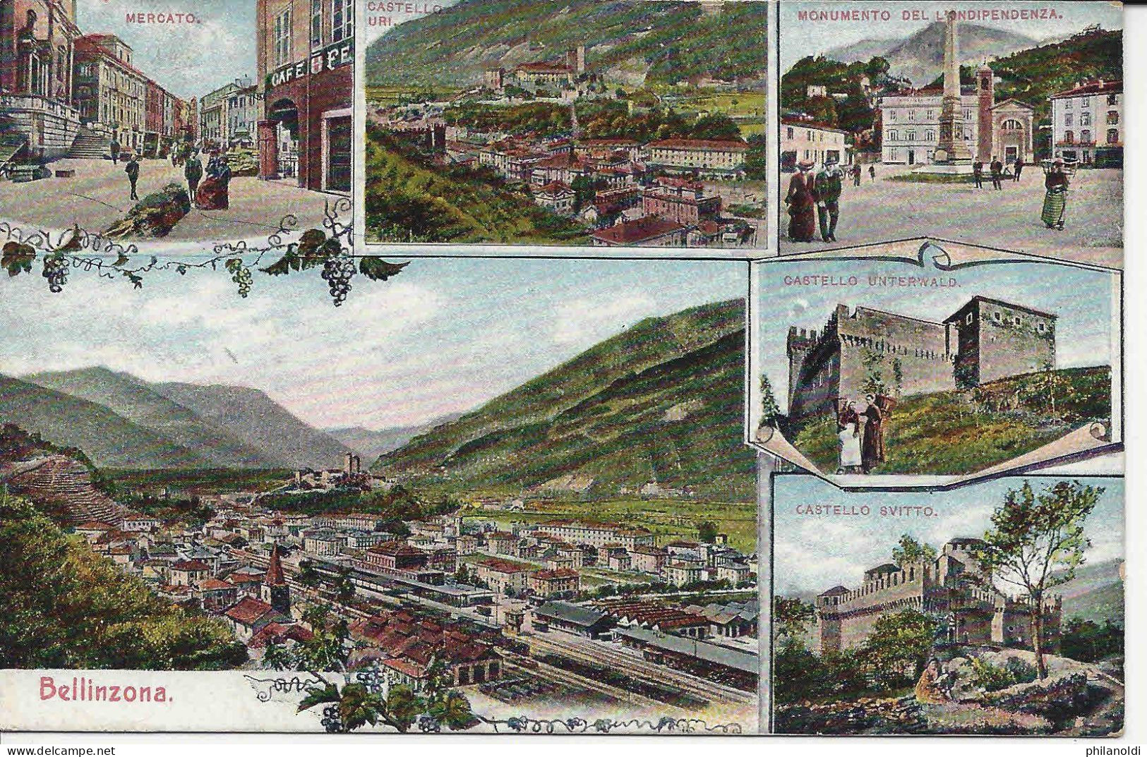 Bellinzona, Petites Vues, Mercato, Stazione, Gare, Castello Uri, Unterwald, Svitto, Monumento Indipendenza, Voyagée 1910 - Bellinzone