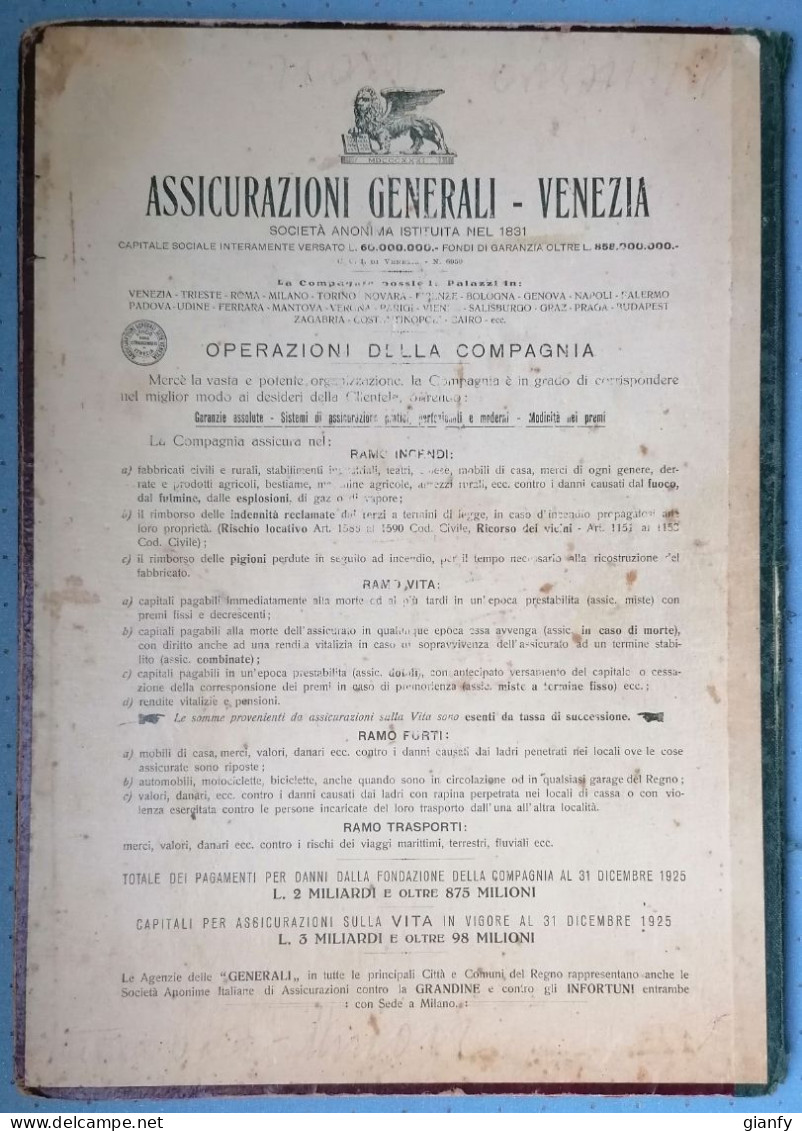CARTELLA PORTADOCUMENTI POLIZZA ASSICURAZIONI GENERALI VENEZIA 1910 + POLIZZA E QUIETANZE - Bank & Insurance