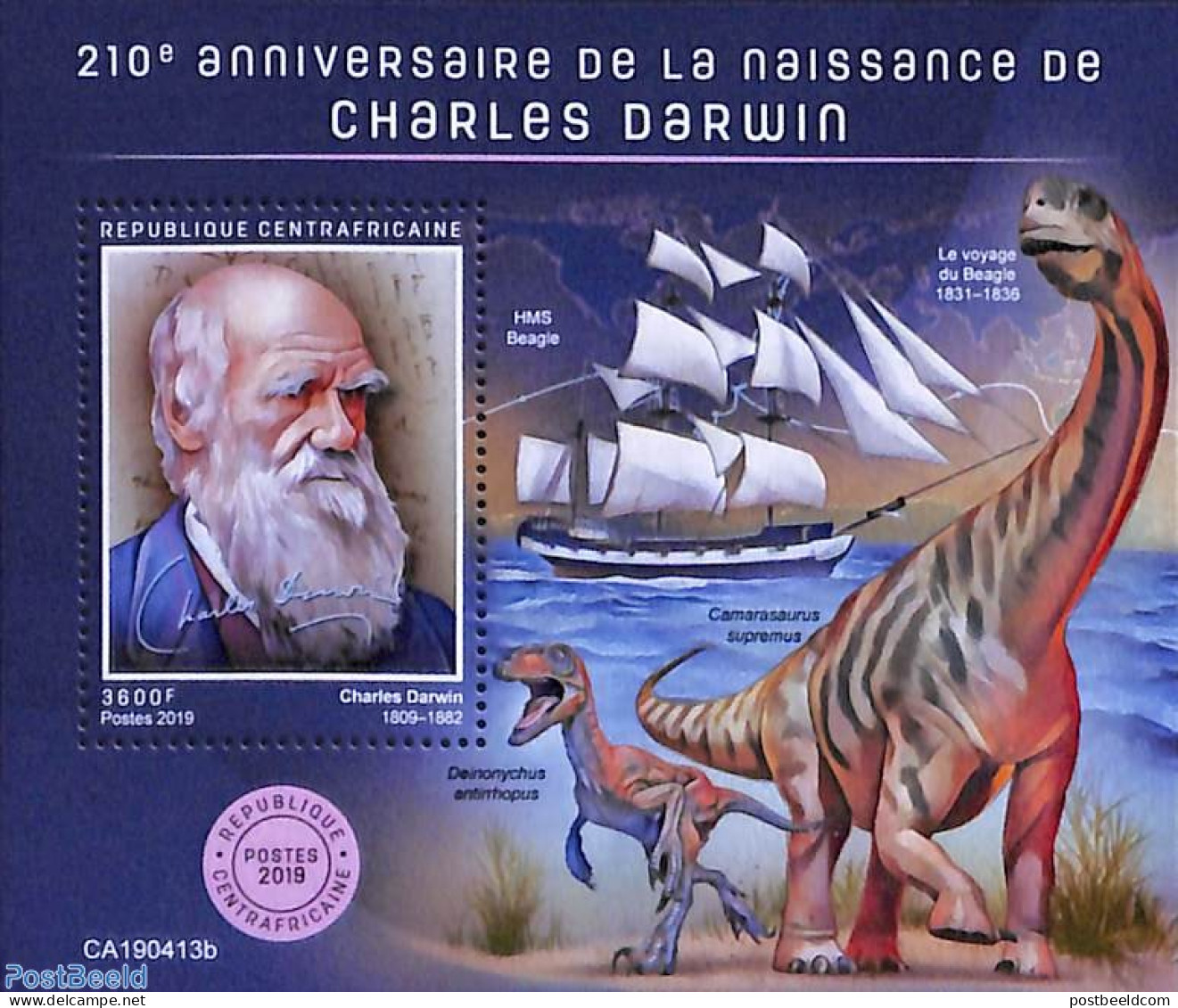 Central Africa 2019 Charles Darwin S/s, Mint NH, History - Nature - Transport - Explorers - Prehistoric Animals - Ship.. - Esploratori