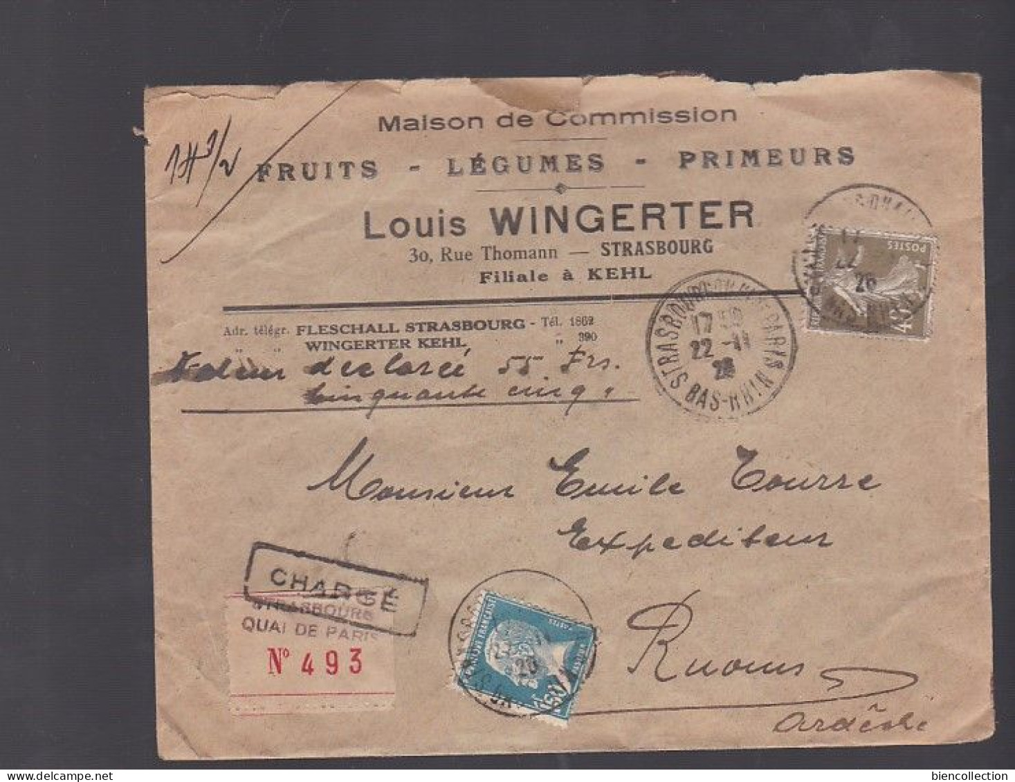 Lettre Chargée De Strasbourg (Bas Rhin) Pour Ruoms (ardèche) Avec Semeuse Et Pasteur ; Louis Wingerter Fruits Légumes - 1906-38 Säerin, Untergrund Glatt