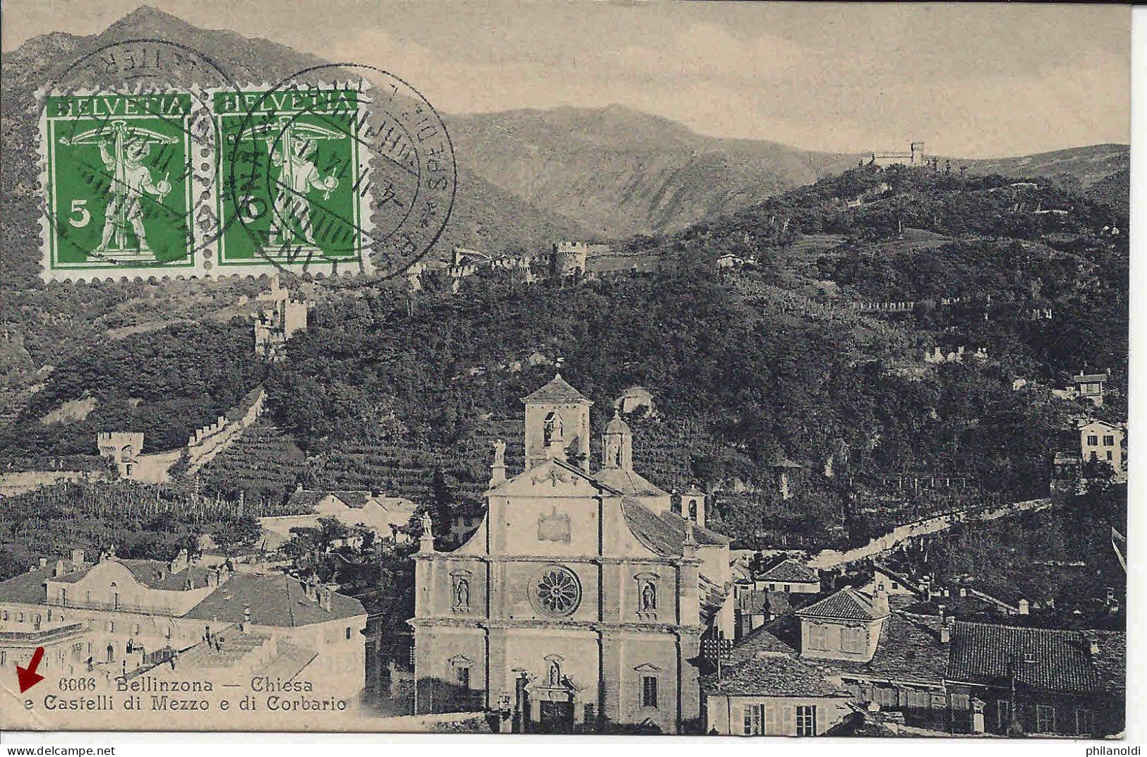 Bellinzona, Chiesa E Castelli Di Mezzo E Di Corbario, Litografia Künzli, Voyagée 1914 - Bellinzone