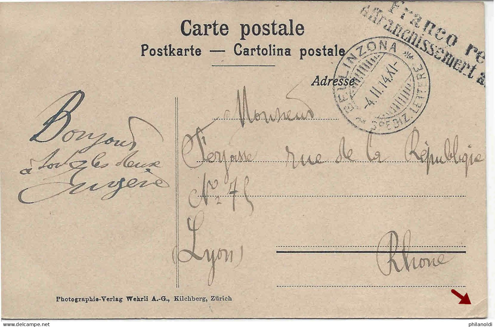 Bellinzona, Chiesa E Castelli Di Mezzo E Di Corbario, Litografia Künzli, Voyagée 1914 - Bellinzone