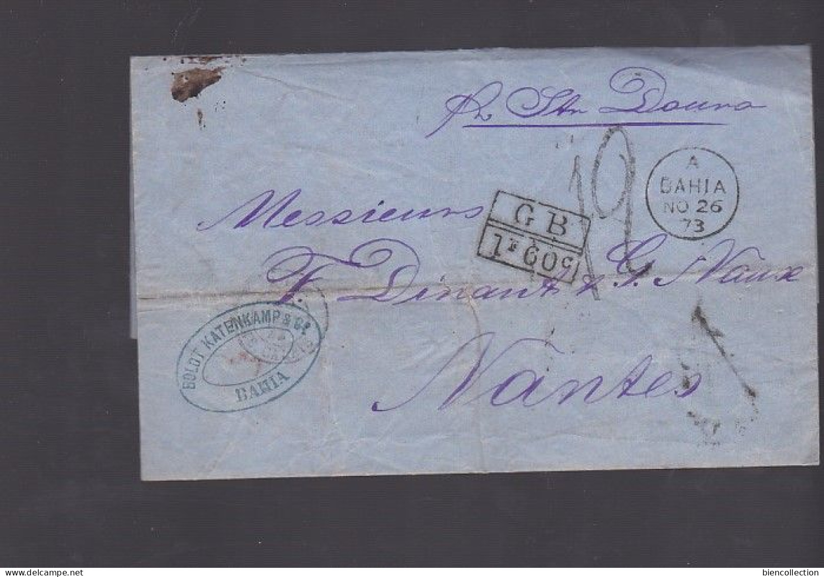 Brésil. Lettre De Bahia Pour Nantes (Loire Atlantique)par Grande Bretagne Et Taxe Tampon + Anglaise 1F60 - Storia Postale