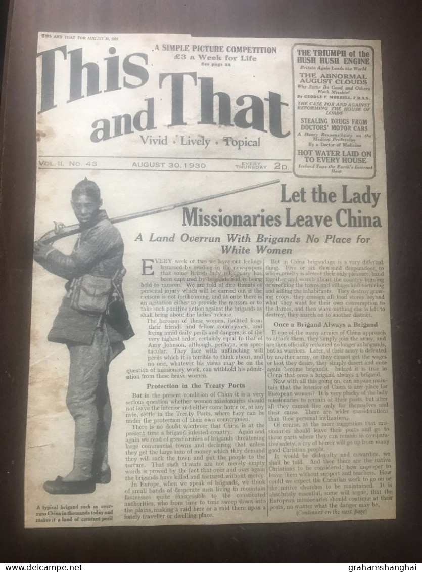 Newspaper Press Cutting 'Let The Lady Missionaries Leave China' From 'This And That' 1930 Risks From Brigands Bandits - Religion