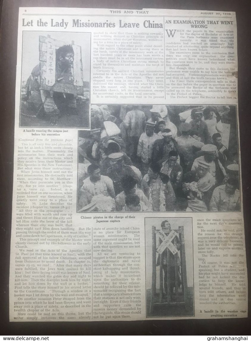 Newspaper Press Cutting 'Let The Lady Missionaries Leave China' From 'This And That' 1930 Risks From Brigands Bandits - Godsdienst / Spiritualisme