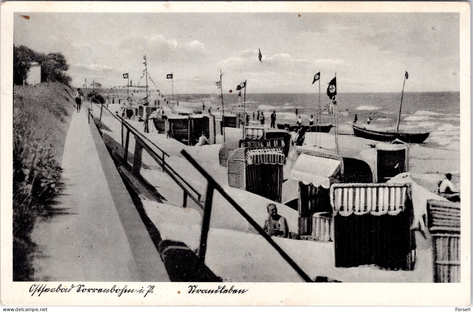 Ostseebad Sorrenbohm , Strandleben (Fahnen 3.Reich) (Sarbinowo , Poland) (Stempel: Sorrenbohm 1938) - Pommern