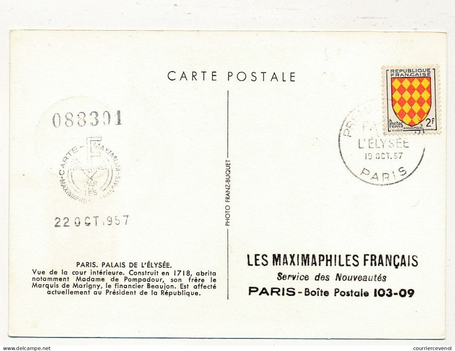 FRANCE - Carte Maximum - 10F Palais De L'Elysée - 19/10/1957 - Paris (Maximaphiles Français) - 1950-1959