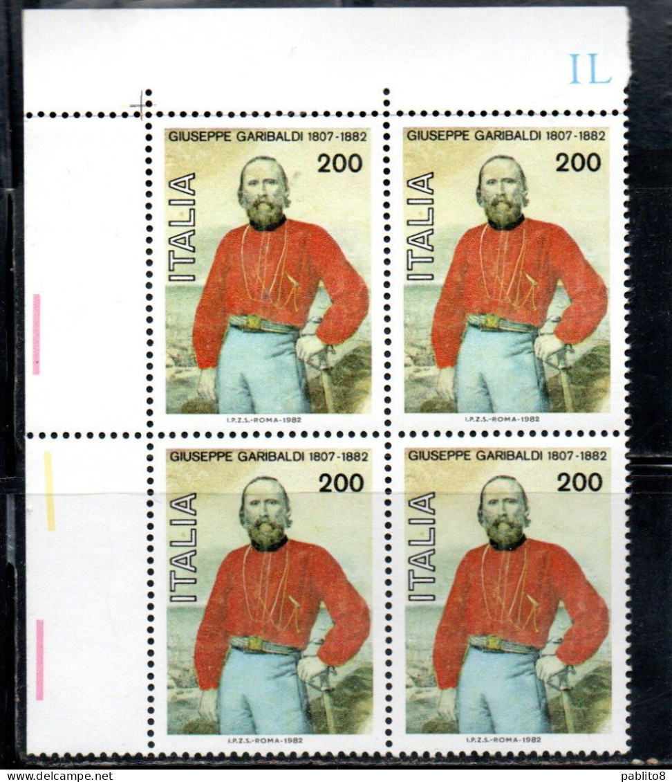 ITALIA REPUBBLICA ITALY REPUBLIC 1982 GIUSEPPE GARIBALDI CENTENARIO MORTE QUARTINA ANGOLO DI FOGLIO BLOCK MNH - 1981-90: Neufs