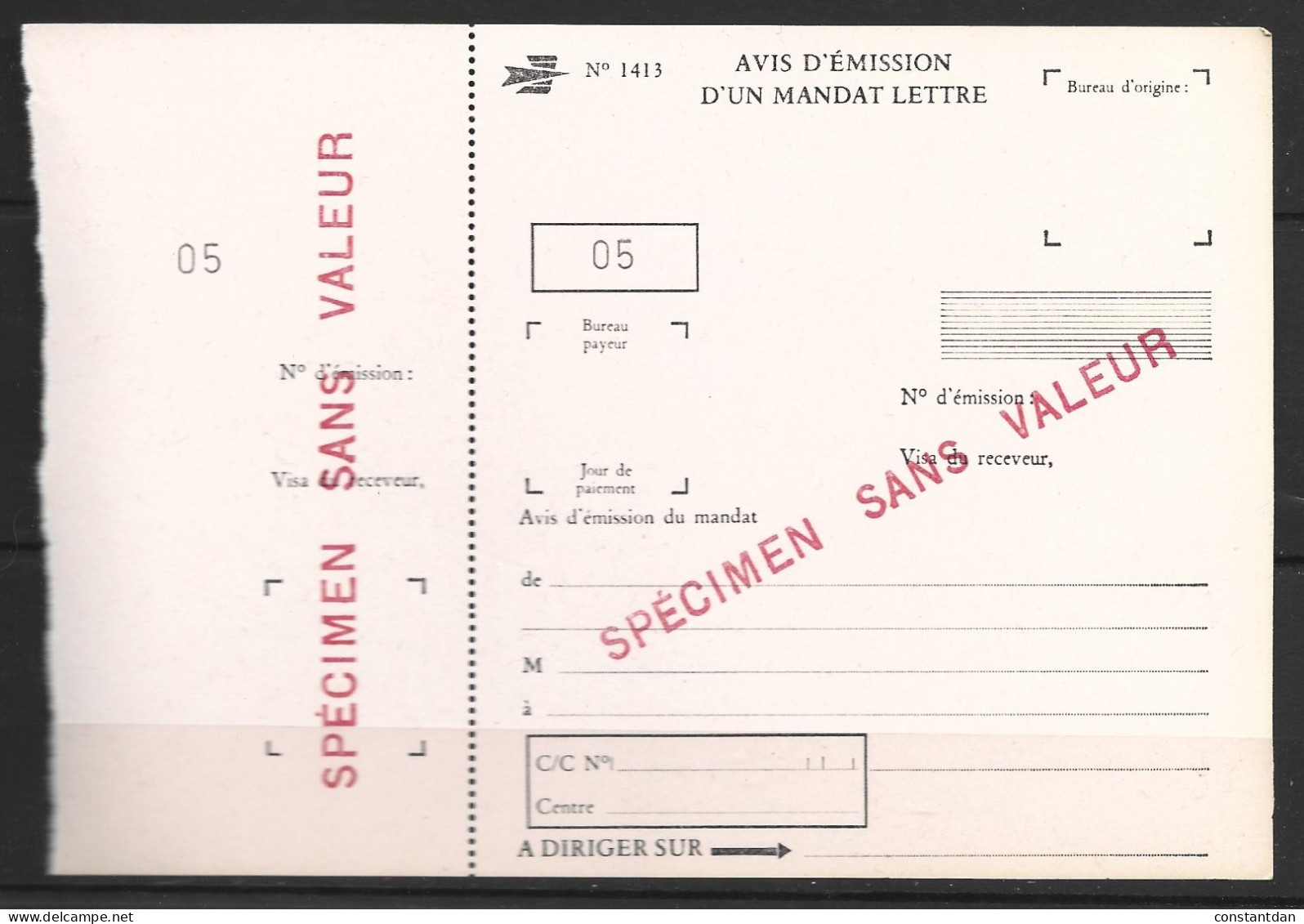 FRANCEAVIS D'EMISSION D'UN MANDAT LETTRE SPECIMEN SANS VALEUR PHOTO NON CONTRACTUELLE - Fictifs