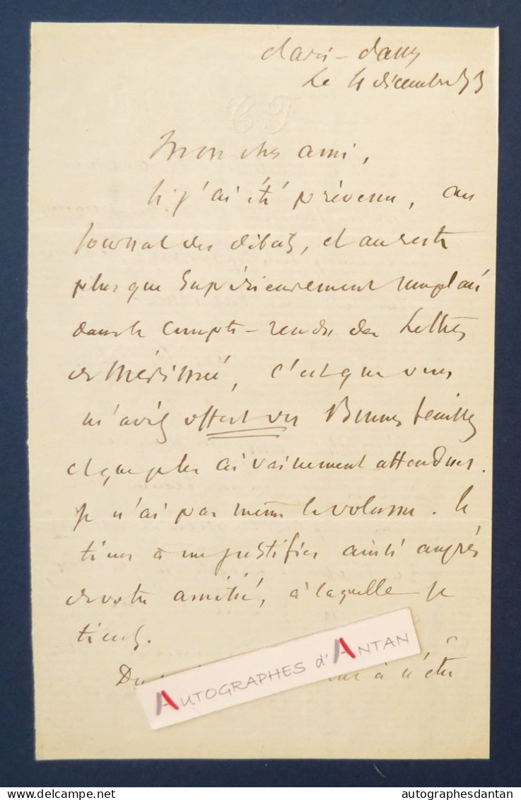 ● L.A.S 1873 Alfred-Auguste CUVILLIER FLEURY Lettres De Mérimée - Oncle Sam - Pièce De Dumas - Lettre Autographe - Writers