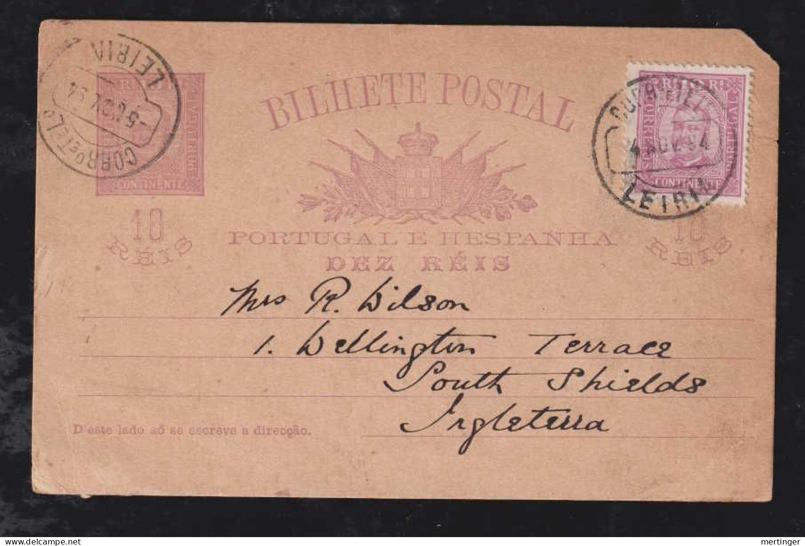 Portugal 1894 Uprated Stationery Card LEIRIA X SOUTH SIELDS England - Covers & Documents