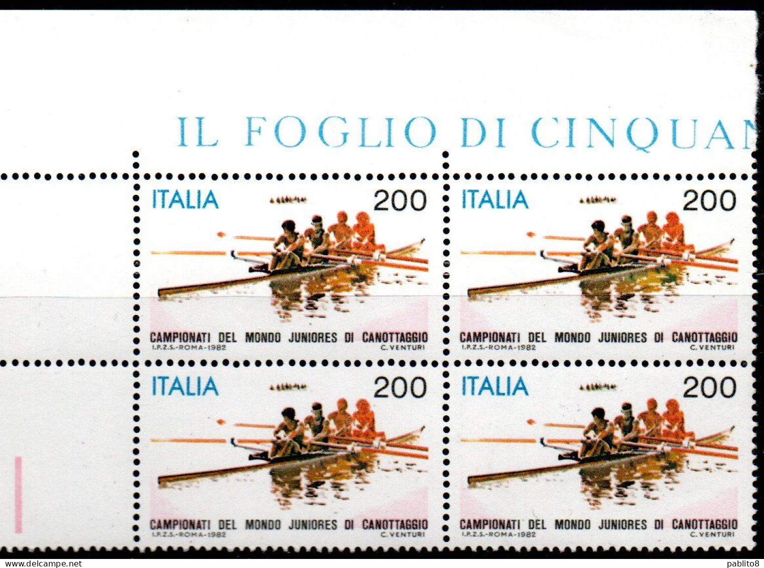 ITALIA REPUBBLICA ITALY 1982 CAMPIONATI MONDIALI JUNIORES DI CANOTTAGGIO ROWING QUARTINA ANGOLO DI FOGLIO BLOCK MNH - 1981-90: Neufs