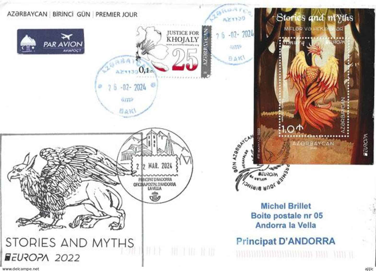 Stories & Myths(Europa 2022) Miniature Sheet On Letter From Baku,sent To Andorra,with Local Illustrated Arrival Postmark - Azerbeidzjan