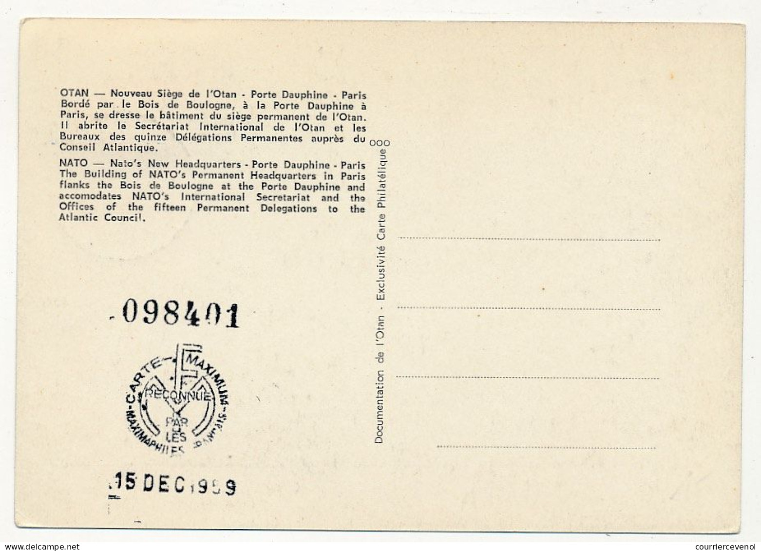 FRANCE => Carte Maximum => 50F OTAN - 10eme Anniversaire - Cachet Premier Jour 12/12/1958 - PARIS - 1950-1959