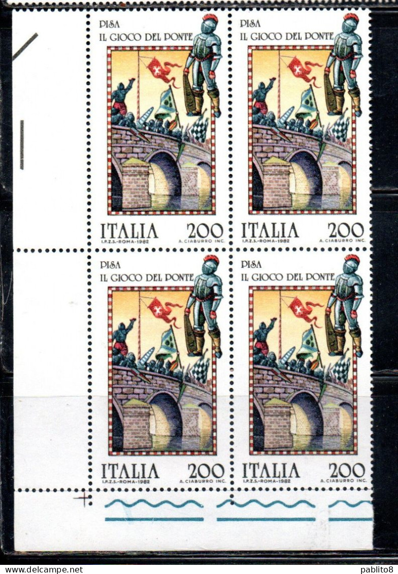 ITALIA REPUBBLICA ITALY REPUBLIC 1982 FOLCLORE ITALIANO FOLKLORE PISA GIOCO DEL PONTE QUARTINA ANGOLO DI FOGLIO MNH - 1981-90: Nieuw/plakker