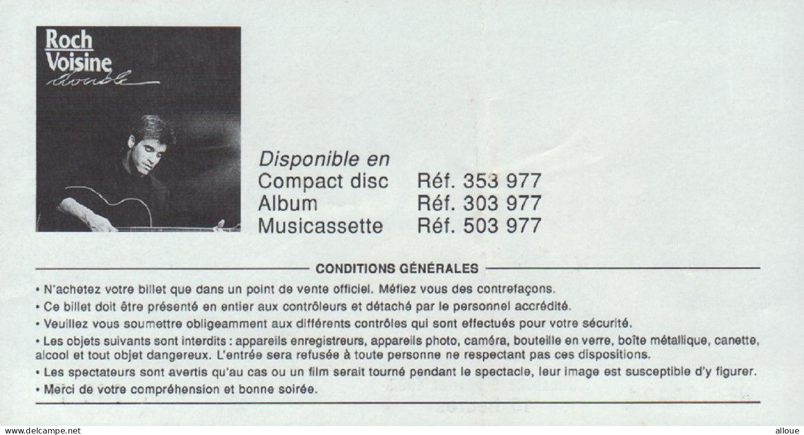 ROCH VOISINE  - TICKET DE CONCERT DU 9 FEVRIER 1992 - PALAIS OMNISPORT DE BERCY - Toegangskaarten