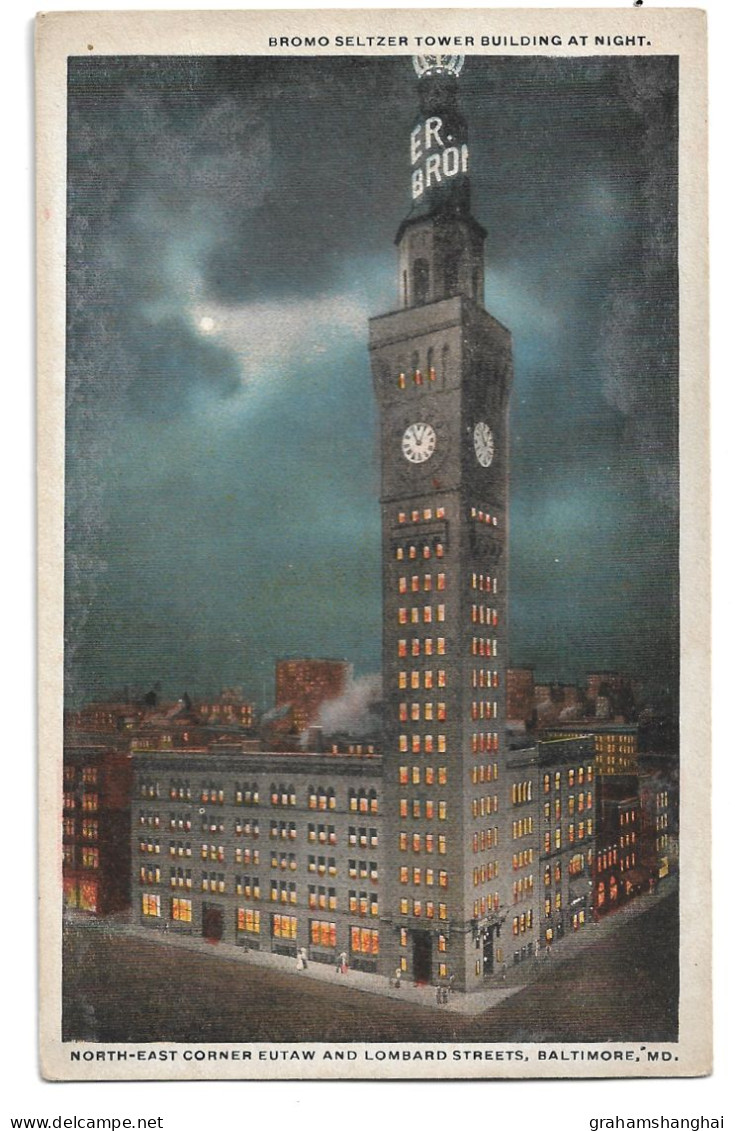 Postcard USA MD Maryland Baltimore Bromo Seltzer Tower Building At Night Unposted - Baltimore