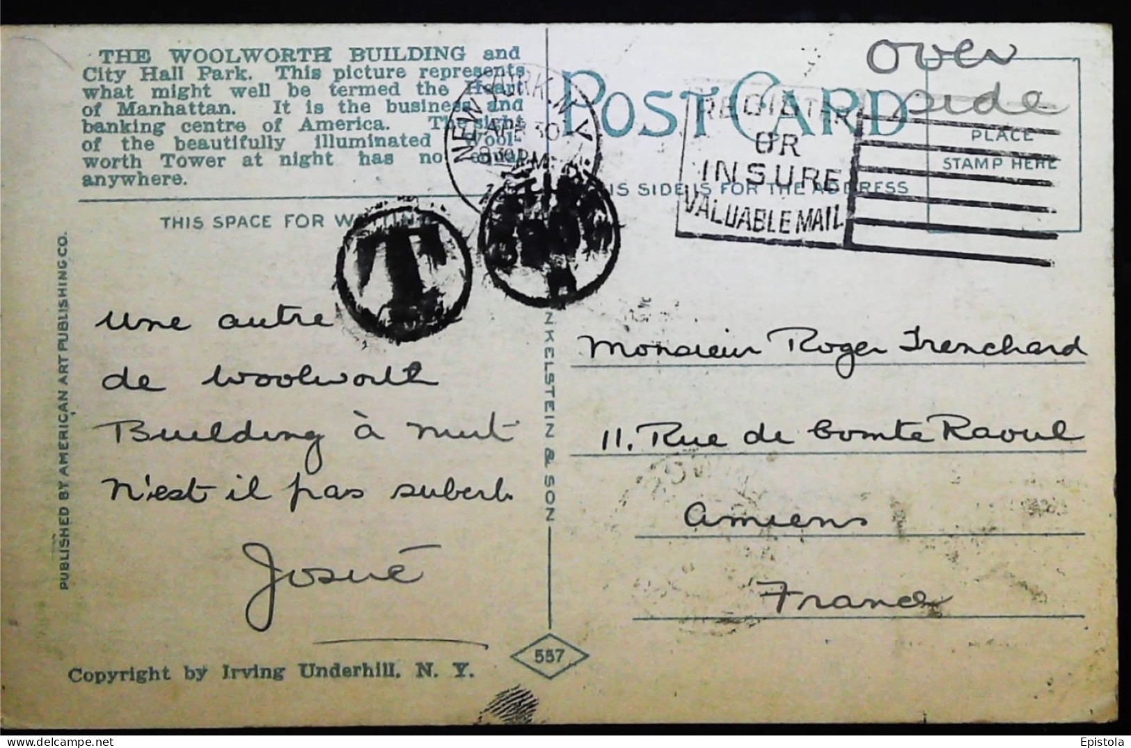 ► USA Register Or Insure Valuable Mail Taxe 1920s    New York To Amiens (France) - Storia Postale