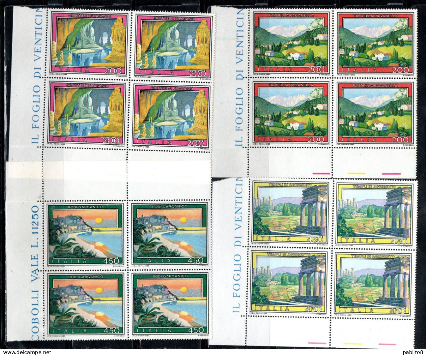 ITALIA REPUBBLICA ITALY REPUBLIC 1982 PROPAGANDA TURISTICA TOURISM SERIE QUARTINA ANGOLO DI FOGLIO BLOCK MNH - 1981-90: Neufs