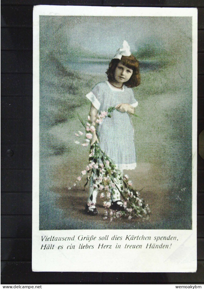Karte Zeichnung Kind Mit Blumen "Vieltausend Grüße ..." Nach Köln Um 1919 - Retratos