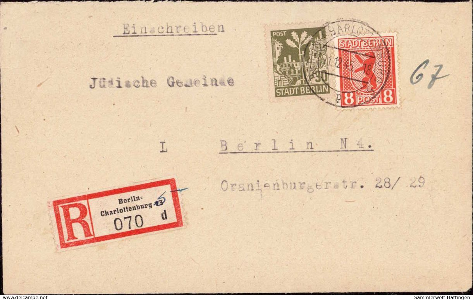 604002 | Einschreiben, Brief 1945 An Die Jüdische Gemeinde In Der Oranienburgerstrasse, Charlottenburg ; Berlin (W - Emissions De Nécessité Zone Américaine