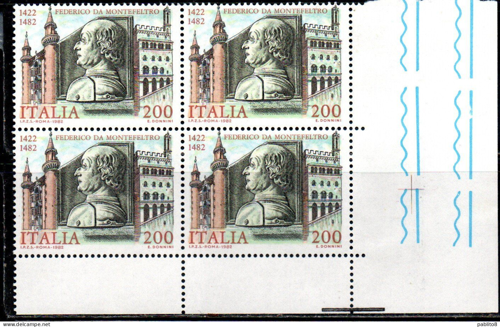 ITALIA REPUBBLICA ITALY REPUBLIC 1982 FEDERICO DA MONTEFELTRO QUARTINA ANGOLO DI FOGLIO  BLOCCO MNH - 1981-90: Mint/hinged