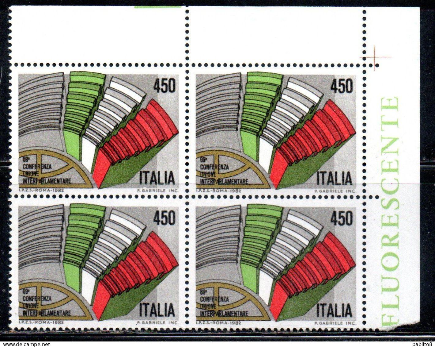 ITALIA REPUBBLICA ITALY 1982 CONFERENZA UNIONE INTERPARLAMENTARE UNION INTER PARLIAMENTARY QUARTINA ANGOLO DI FOGLIO MNH - 1981-90: Nieuw/plakker