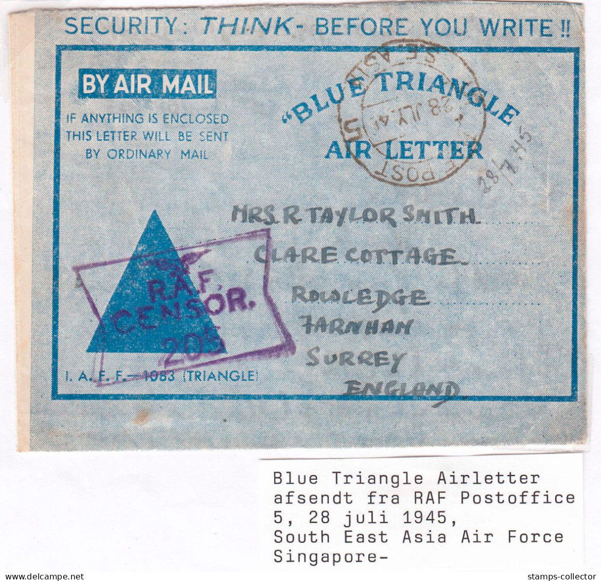 Great Britain. BLUE TRIANGEL AIR LETTER. CENSOR. Send From Singapore To England - Singapour (...-1959)
