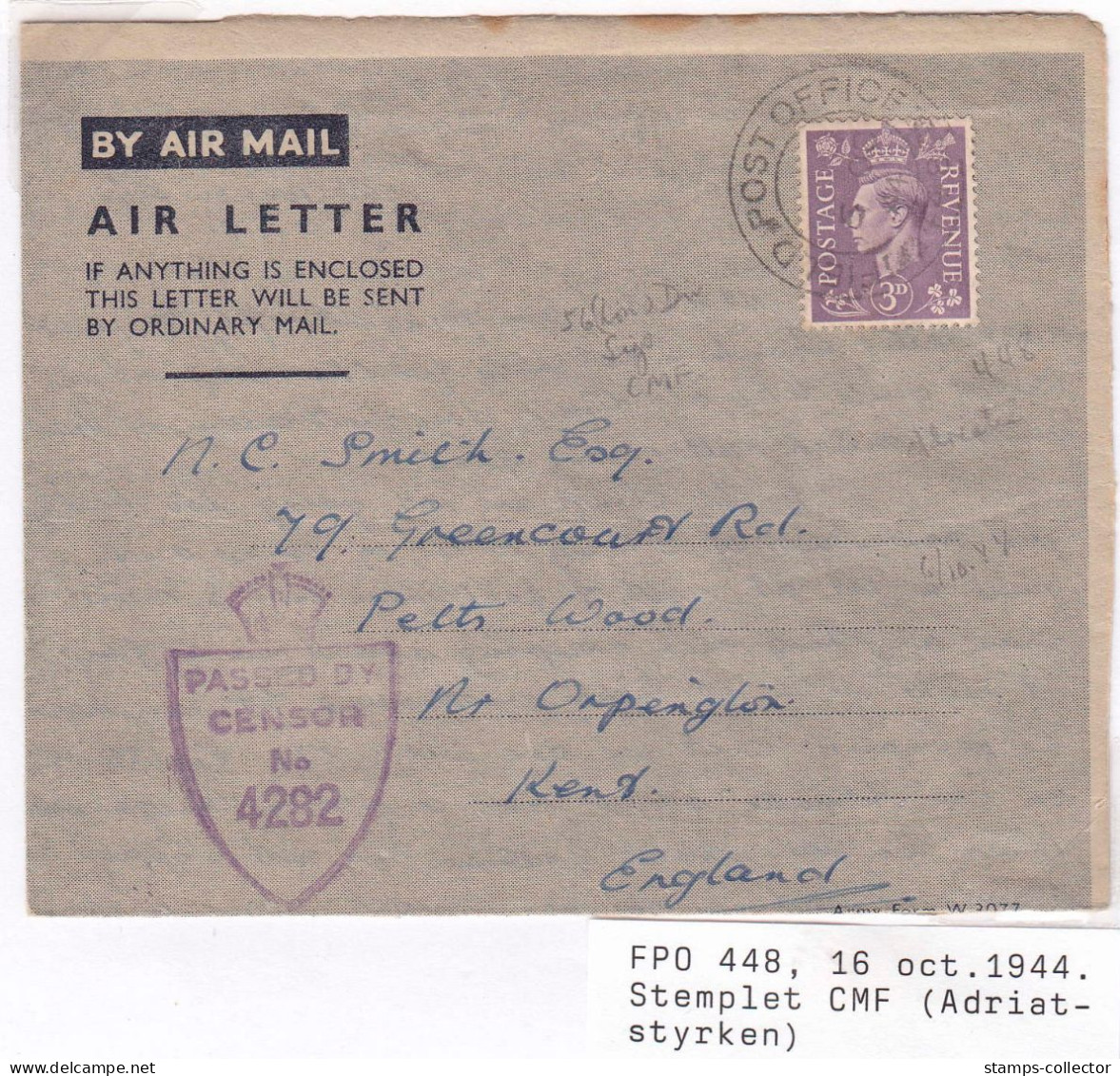 Great Britain. Adriat Force. CENSOR. Send To England. 16 Oct. 1944 - Singapour (...-1959)