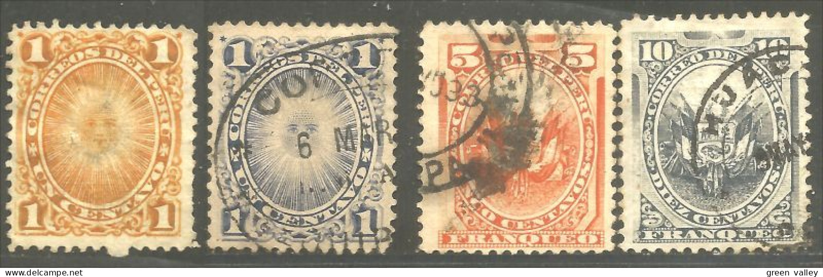 728 Peru 1874 4 Stamps Sun God Dieu Soleil Armoiries Coat Arms (PER-23) - Pérou