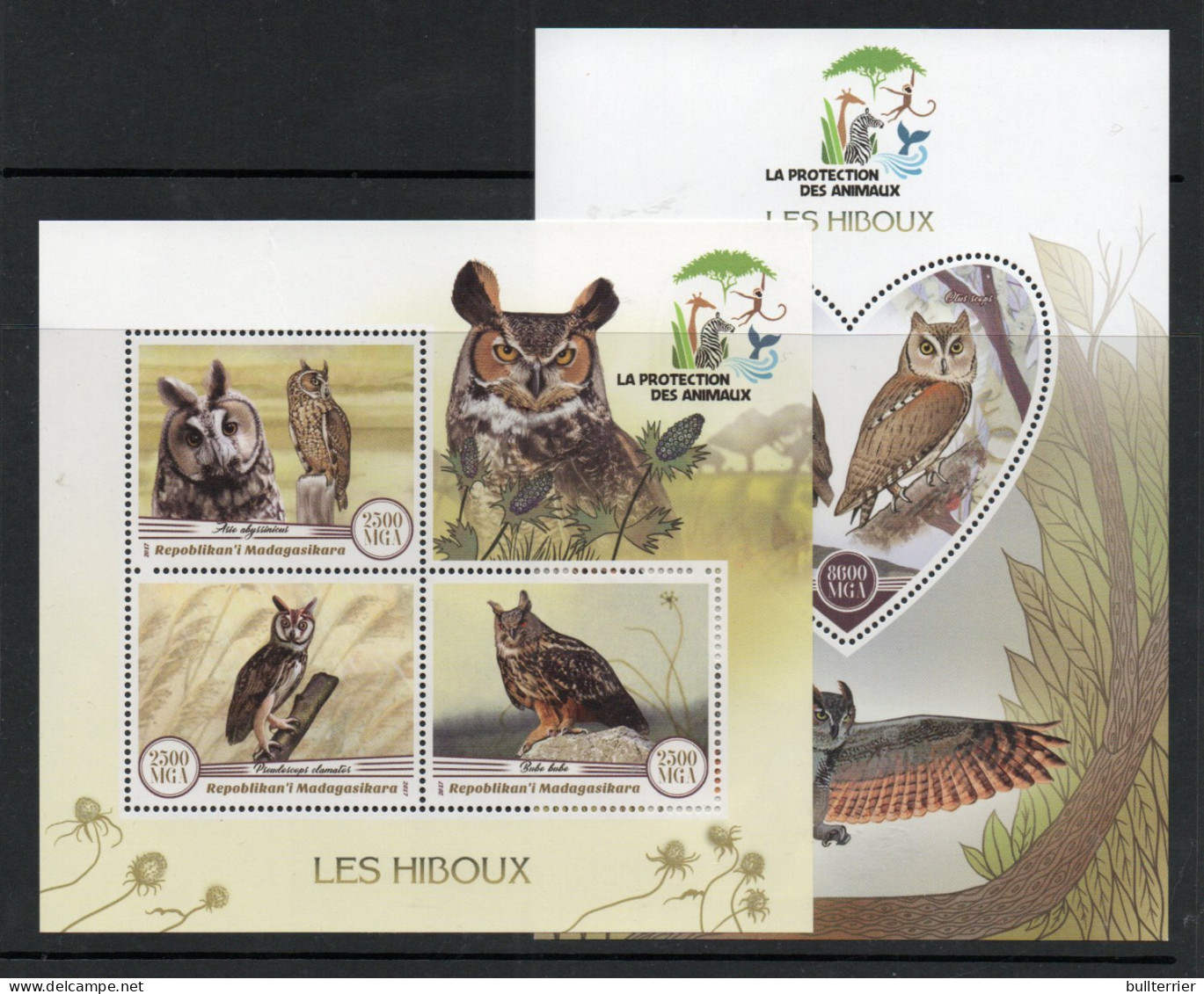 BIRDS - MADAGASCAR  -2017 - OWLS SHEETLET OF 4 + SOUVENIR SHEET MINT NEVER HINGED  - Uilen