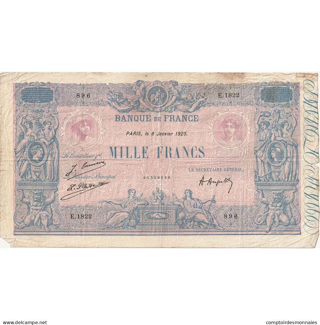 France, 1000 Francs, Bleu Et Rose, 1925, E.1822, TB, Fayette:36.41, KM:67j - 1 000 F 1889-1926 ''Bleu Et Rose''