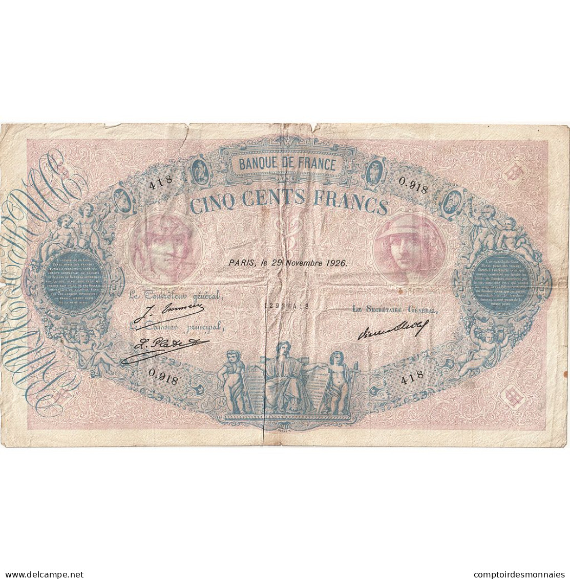 France, 500 Francs, Bleu Et Rose, 1926, O.918, B, Fayette:30.29, KM:66k - 500 F 1888-1940 ''Bleu Et Rose''