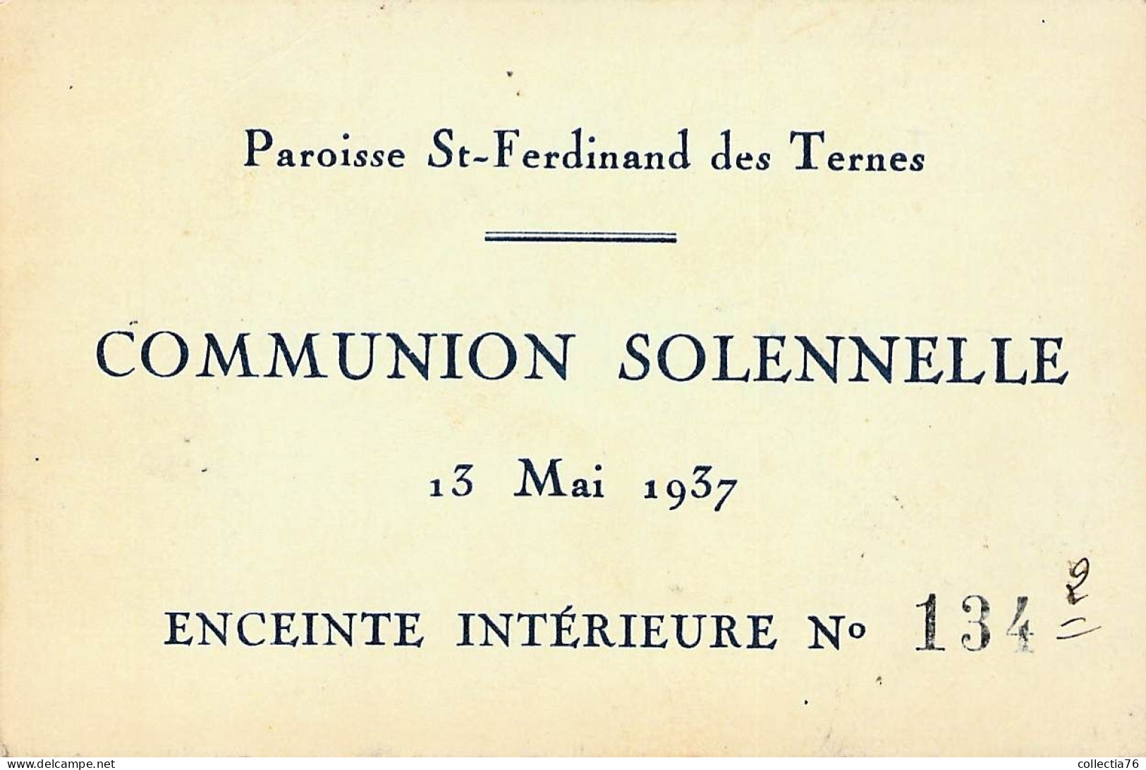 VIEUX PAPIERS FAIRE PART COMMUNION 75 PARIS PAROISSE SAINT FERDINAND DES TERNES 13 MAI 1937 - Comunioni