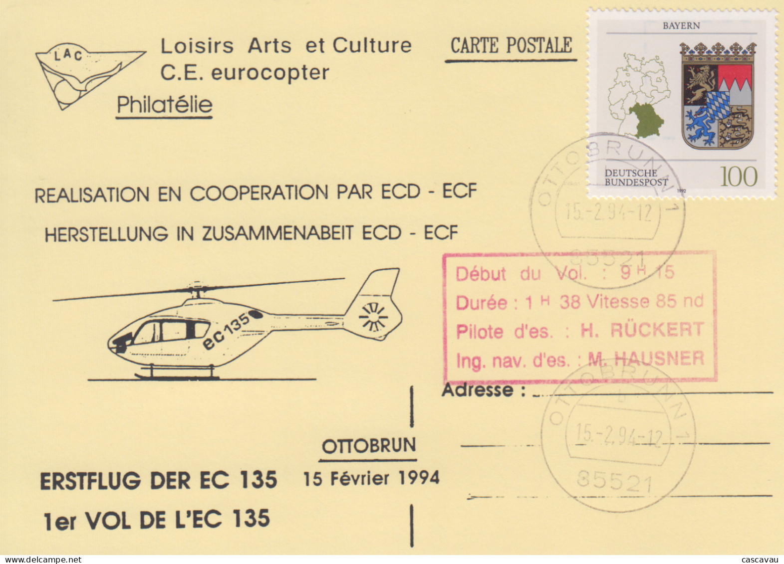 Carte  ALLEMAGNE   HELICOPTERE   1er   Vol   E C  135   OTTOBRUNN    1994 - Hubschrauber