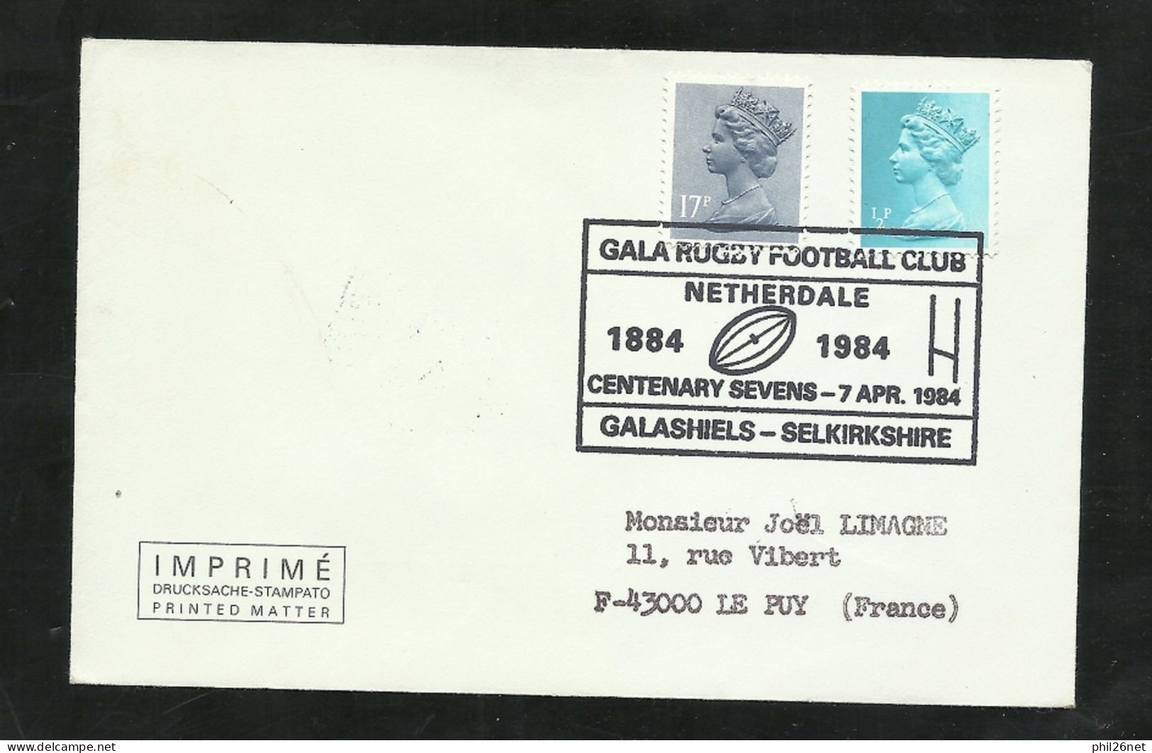 U.K Royaume Uni Lettre Circulée 07/04/1984 Cachet Illustré Centenaire Rugby Football Club De Netherdale N°605 Et 1156 TB - Rugby