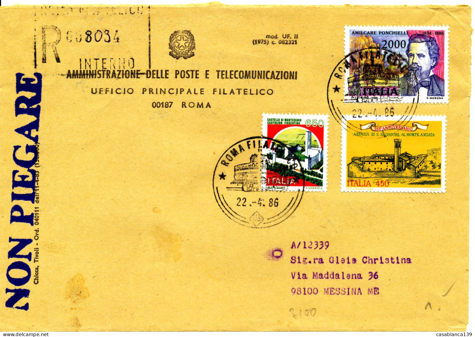 Italy 1984, Italian  Composer, High Value Franquing On Reg. Letter, Mi. 1961 - 1981-90: Oblitérés